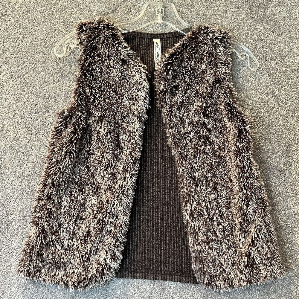 Knit Works Faux Fur Vest Girls L 10 12 Brown Shag Open Front Boho Shaggy Gilet
